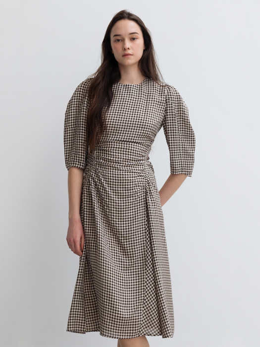 Shirring Volume Dress Brown Check (JWDR3E901W1)