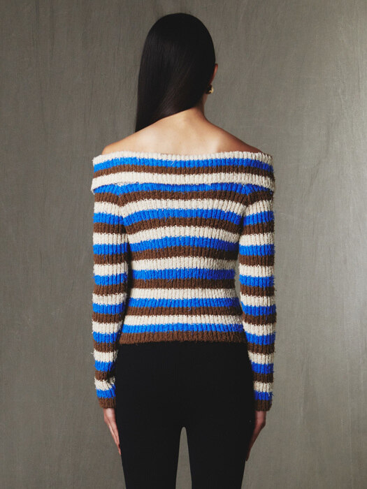 Off-Shoulder Knit Cardigan Blue Stripe