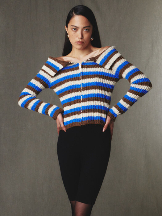 Off-Shoulder Knit Cardigan Blue Stripe