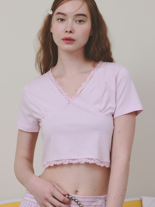 딥 인 러브 레이스 브이넥 티셔츠 ( 핑크 )