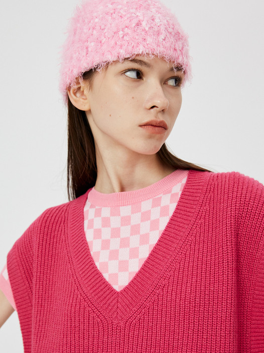 Two Tone Hairy Knit Beanie / Baby Pink