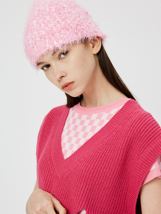Two Tone Hairy Knit Beanie / Baby Pink