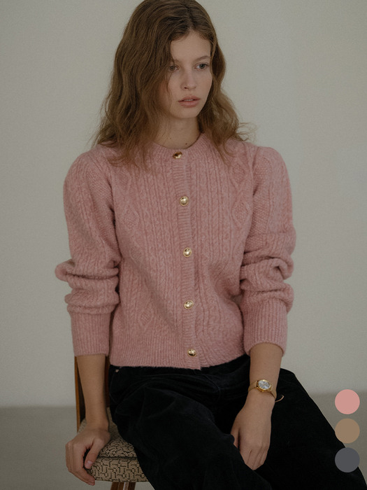 Paisley puff cable round-neck cardigan_3color