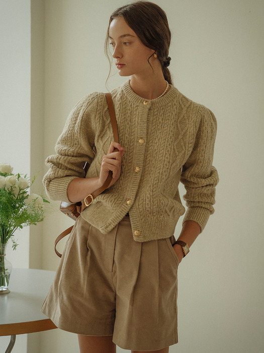 Paisley puff cable round-neck cardigan_Light beige