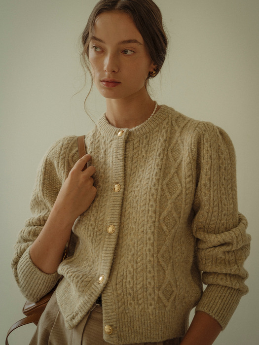 Paisley puff cable round-neck cardigan_3color