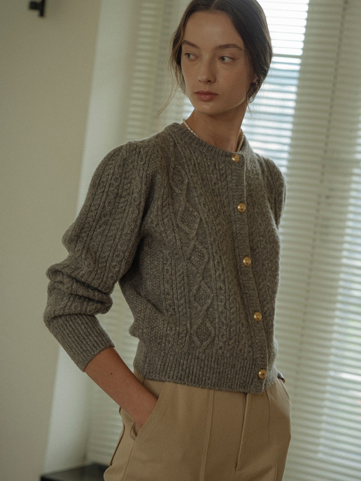 Paisley puff cable round-neck cardigan_3color