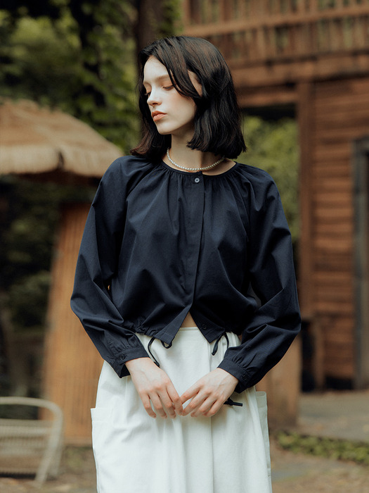 Bell Cotton Shirring Blouse [Navy]
