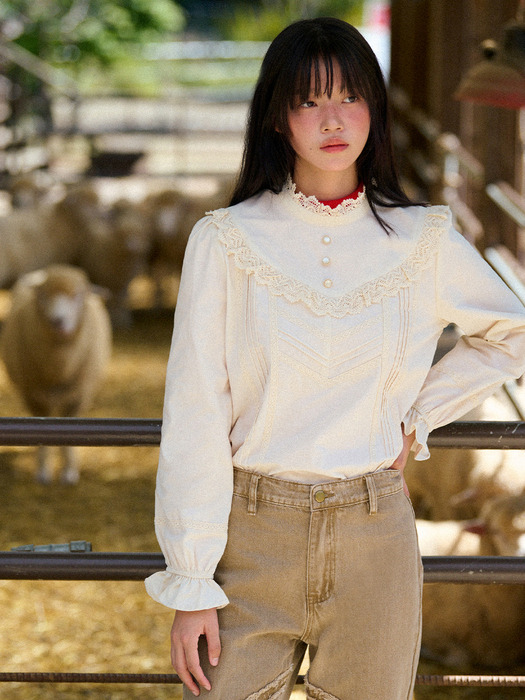 High-Neck Lace-Frill Blouse (Beige)