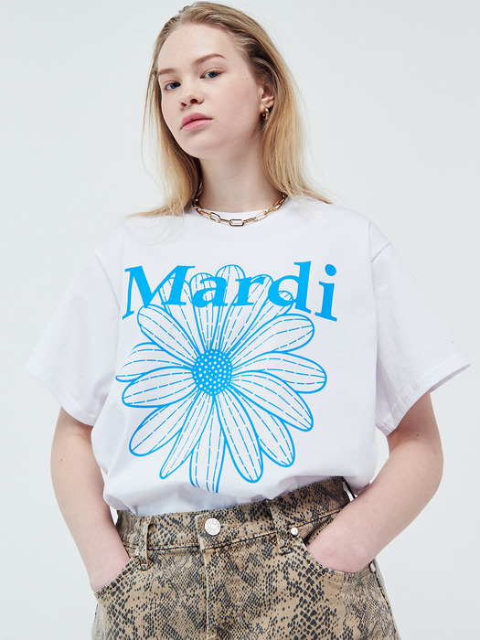 TSHIRT FLOWERMARDI_WHITE FLUOBLUE