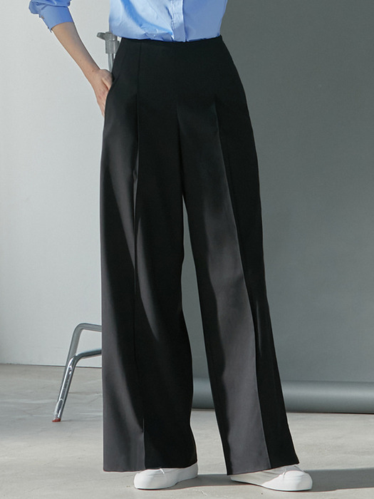 High-waist pintuck wide trousers - black