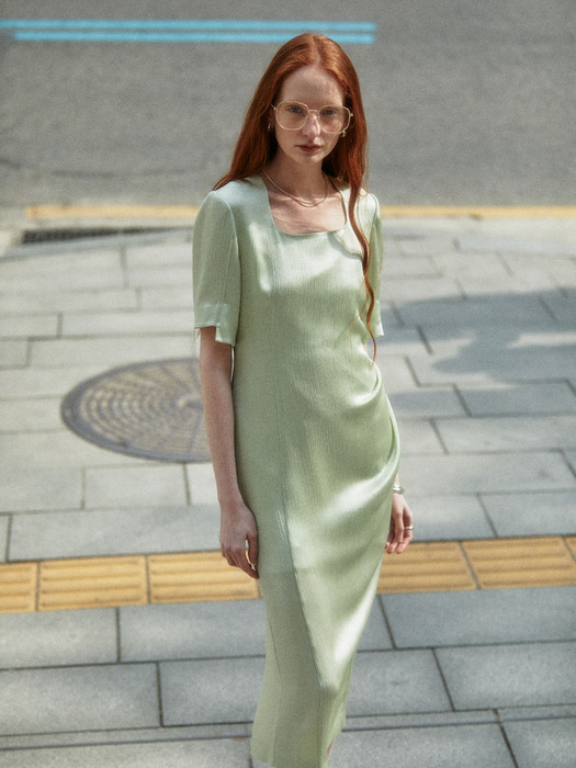 GARNIER Pleated Square-Neck Acetate Dress_Mint