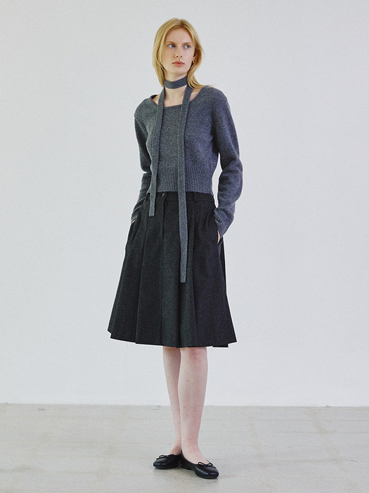 Pleats wool mid skirt_CHARCOAL