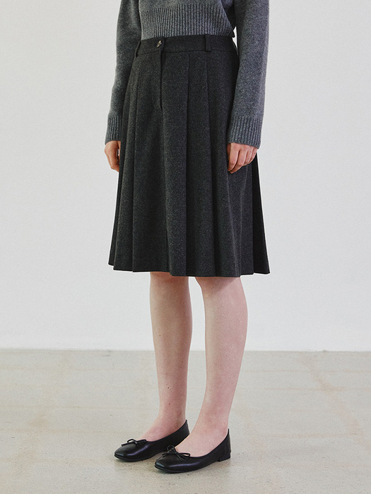 Pleats wool mid skirt_CHARCOAL