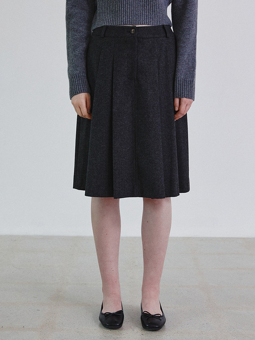 Pleats wool mid skirt_CHARCOAL