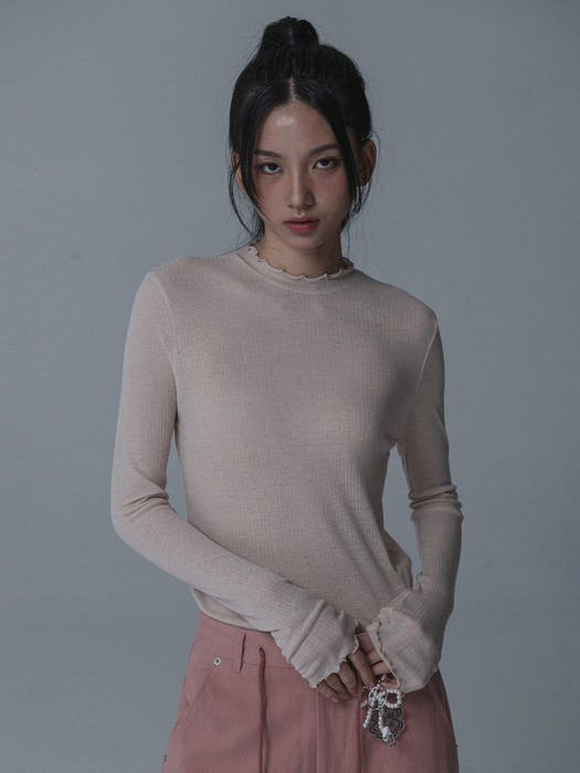 SEE-THROUGH SHIRRING TSHIRT_PINK BEIGE