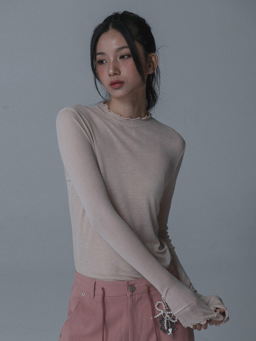 SEE-THROUGH SHIRRING TSHIRT_PINK BEIGE