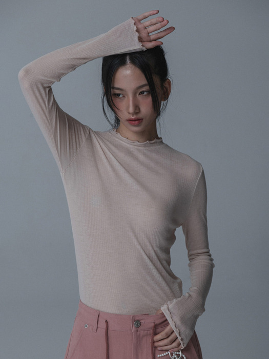 SEE-THROUGH SHIRRING TSHIRT_PINK BEIGE