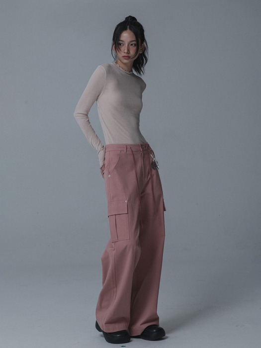 SEE-THROUGH SHIRRING TSHIRT_PINK BEIGE