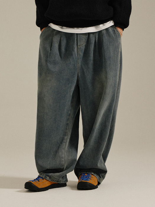 Washed String Denim Pants Blue