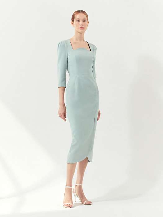 AMELIA Square neck tulip-skirt dress (Pale pink/Mint)