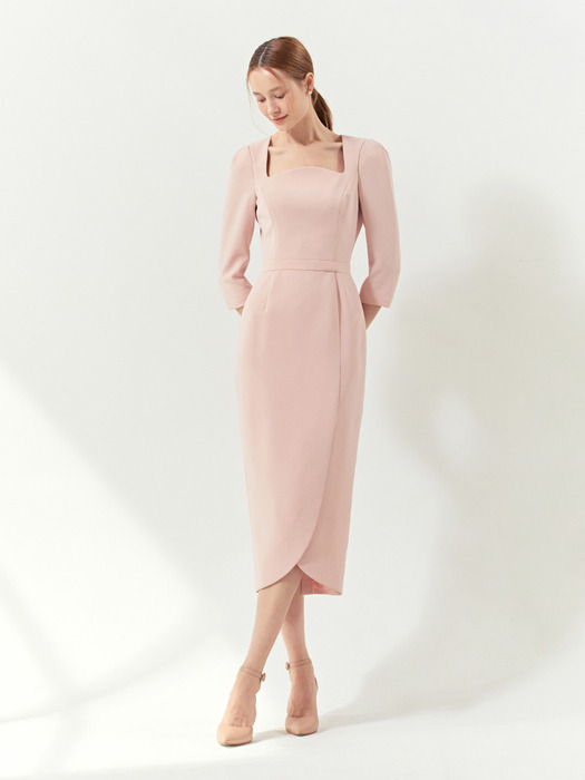 AMELIA Square neck tulip-skirt dress (Pale pink/Mint)