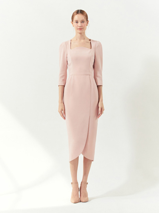 AMELIA Square neck tulip-skirt dress (Pale pink/Mint)