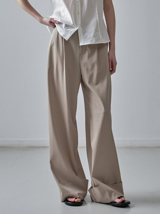Wide Turn-Up Beige Pants - Image 1