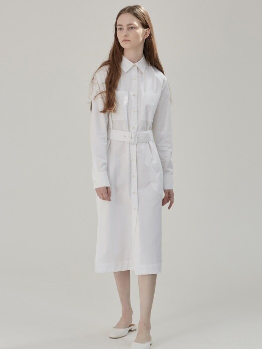 BELTED LONG SHIRT DRESS - WHITE