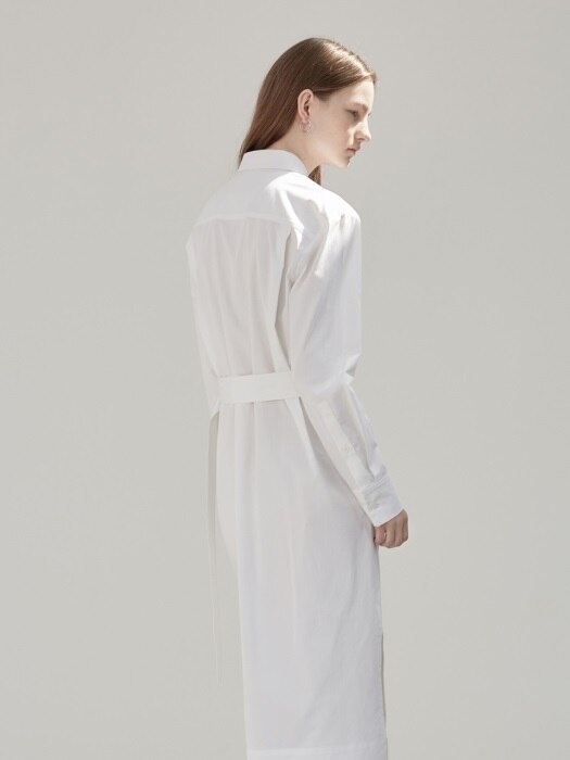 BELTED LONG SHIRT DRESS - WHITE