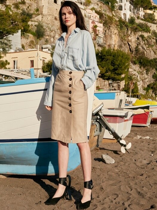 Linen Button Skirt (Beige)_VW8SS0820