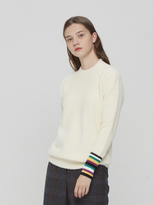 Striped Cuffs Knit Pullover Ivory