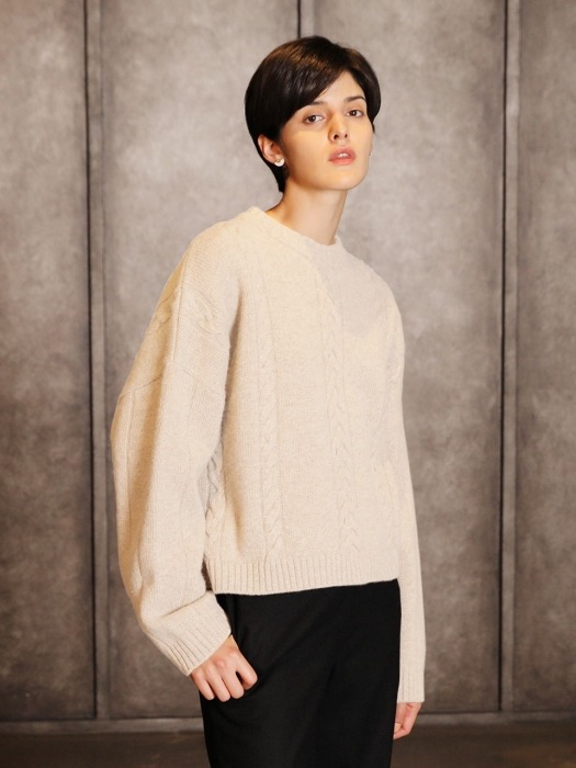 Cashmere round cable sweater_Ivory
