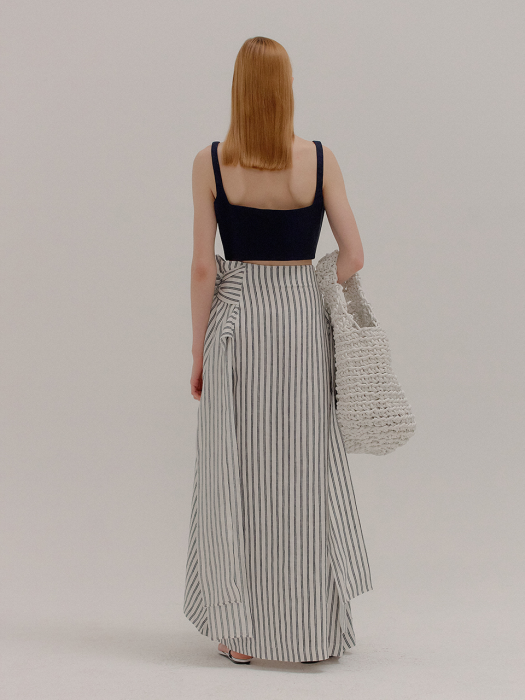 PELLO Pussy-bow Assemetric Striped Long Skirt