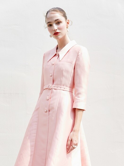 [미전시]VIOLET Three-quarter sleeve button-down belt detail Long dress (Coral Pink)