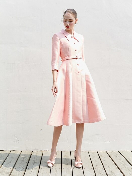 [미전시]VIOLET Three-quarter sleeve button-down belt detail Long dress (Coral Pink)