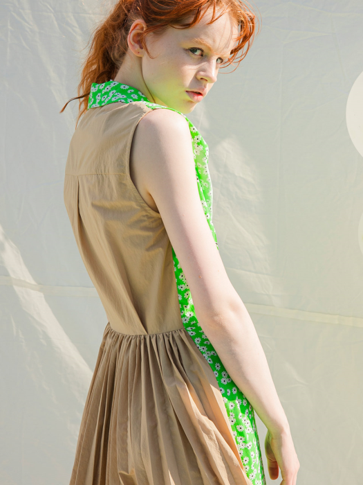 Flower Combo Pleats Shirts Dress_Green