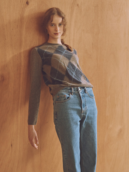[FRONTROW x RePLAIN] Argyle Mohair 2-way Cardigan + Mid-rise Straight Jeans_Grey SET