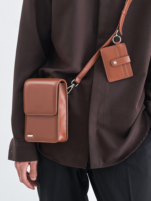 minimal bar square leather bag & multi card wallet brown