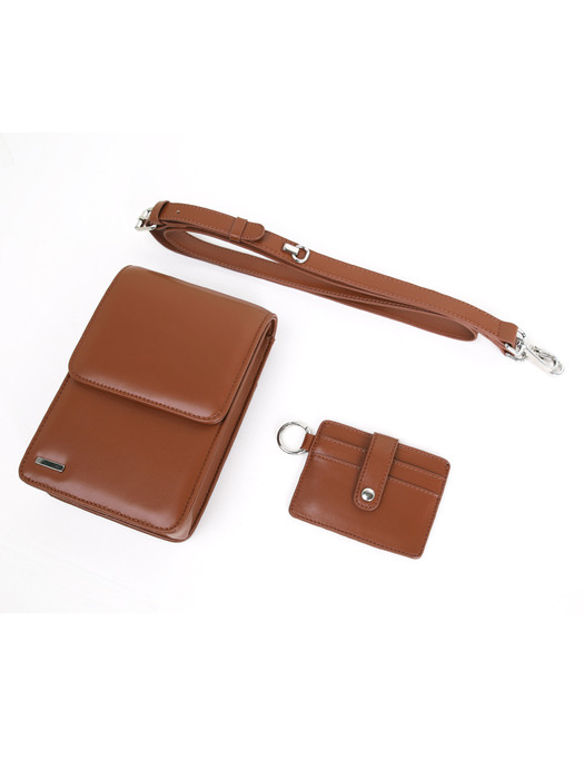 minimal bar square leather bag & multi card wallet brown