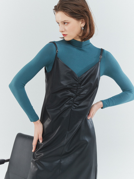 shirring faux-leather dress Black