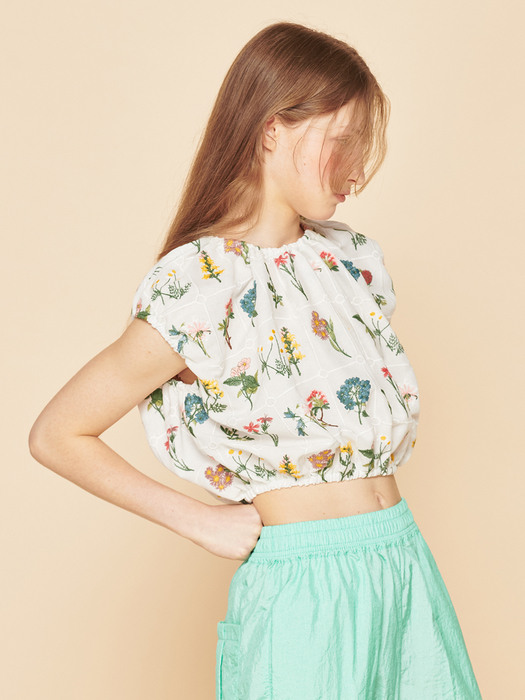 FLORAL EMBROIDERY BANDED TOP, WHITE