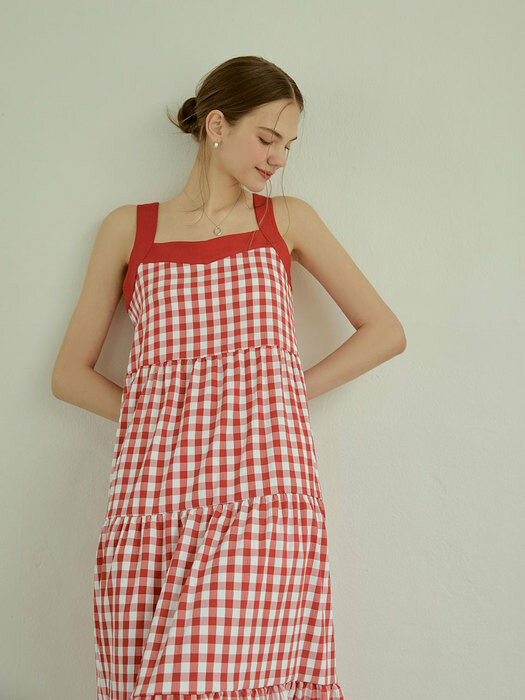 summer check sleeveless long dress(red)