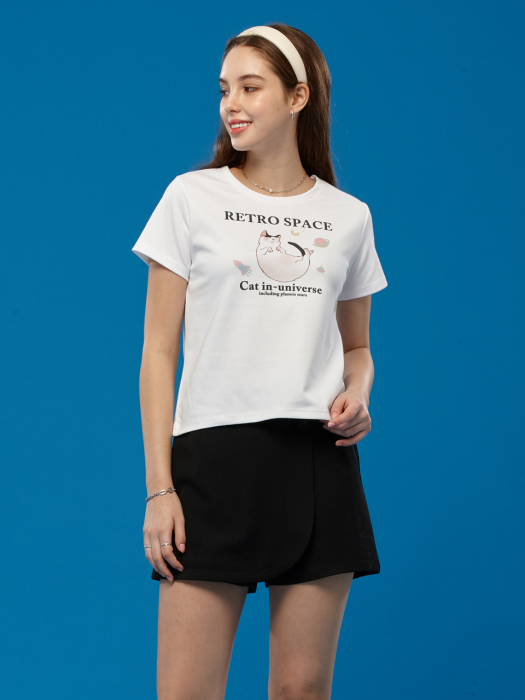 WOMEN 크롭 슬림 그래픽 고양이 반팔티 [WHITE] 크롭티 반팔 티셔츠 ver.