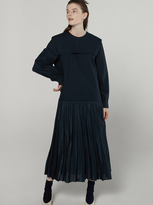 Double collar pleated dress - Navy