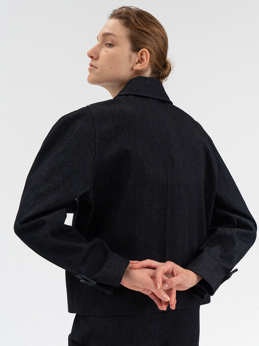 volume sleeves short denim jacket (blue)
