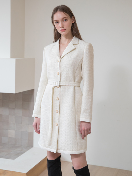 Tweed Jacket Belt Dress Cream