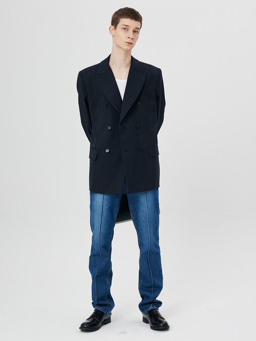 For men, Oversized Double Breasted Jacket / Navy Pin Stripe