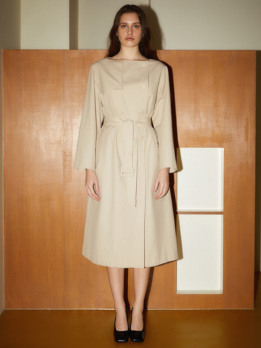 Boat Neck Trench Dress_Beige