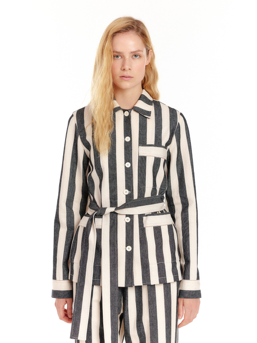 UPPER Belted Oversized Shirt - Ivory/Black Stripe