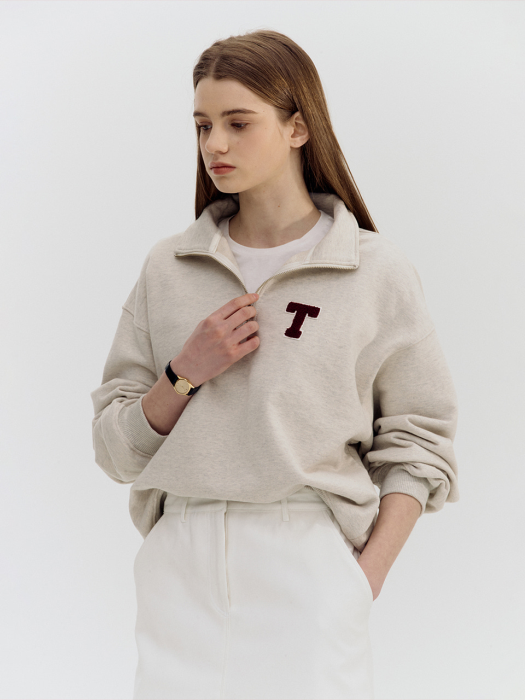 UNISEX BOUCLE LOGO HALF ZIP-UP SWEATER OATMEAL MELANGE_UDTS2A106I1